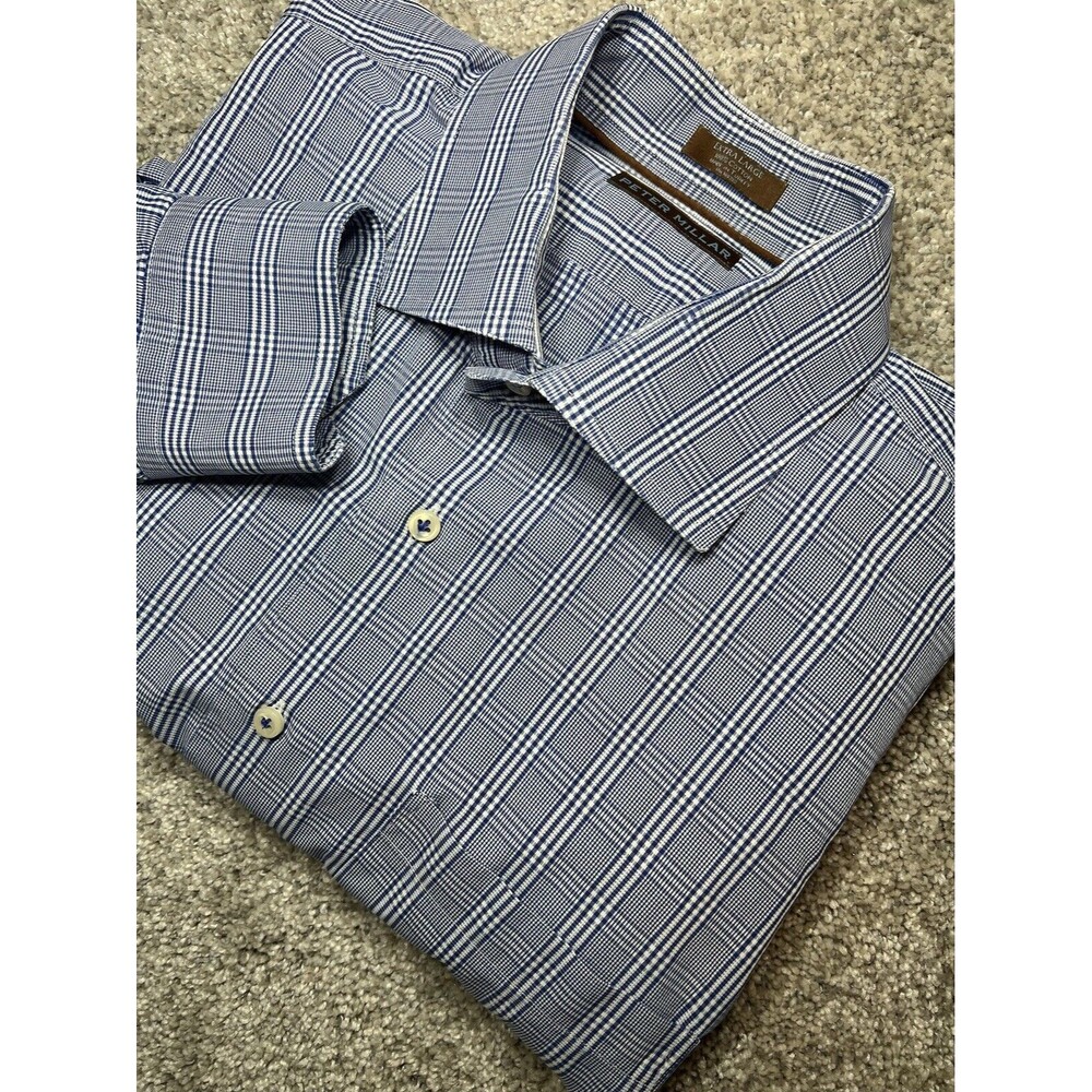Peter Millar Shirt Blue White Plaid Finish Button Up Long Sleeve Men's XL